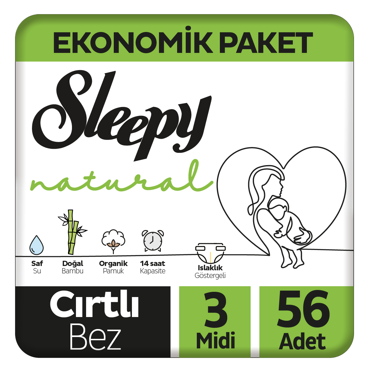 Sleepy Natural Ekonomik Paket Bebek Bezi 3 Numara Midi 56 Adet